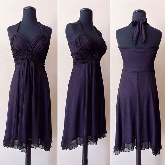 Vintage City Triangles Halter Layer Dress Large Glitter Black Mesh Purple Y2K - Picture 1 of 8